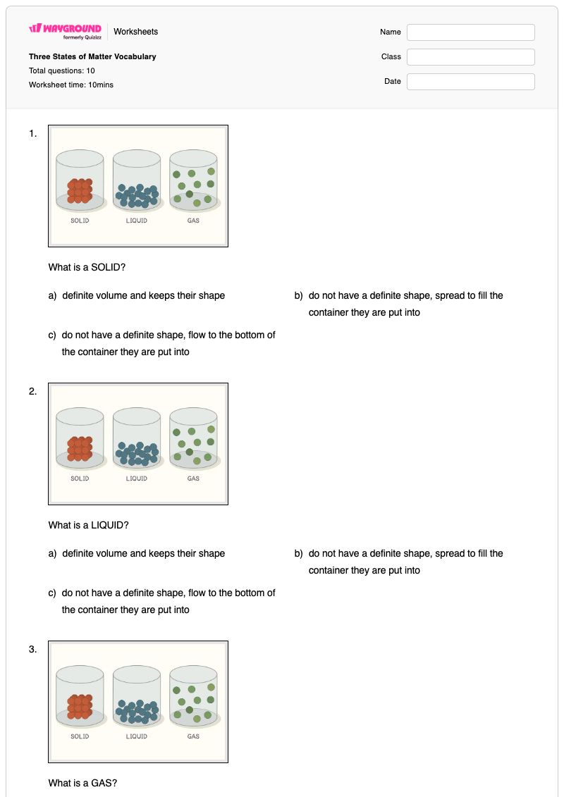 Three States of Matter Vocabulary - Printable States-of-matter Worksheets - Wayground
