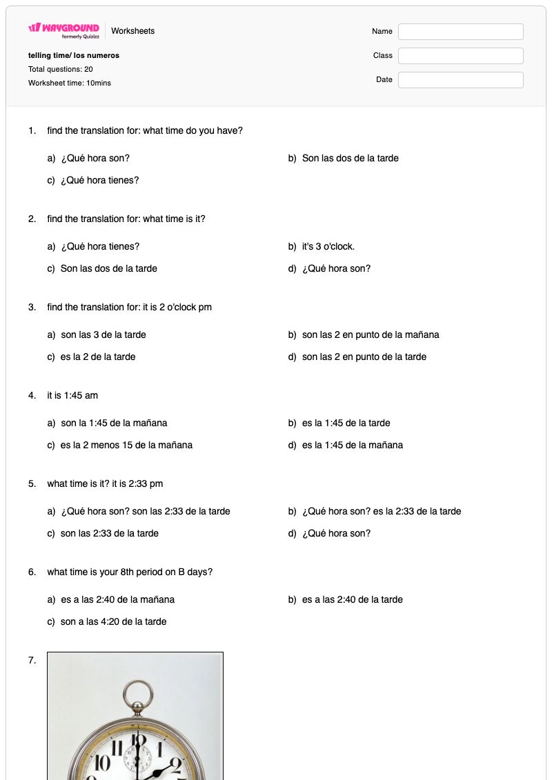 telling time/ los numeros - Printable Time Worksheets - Wayground
