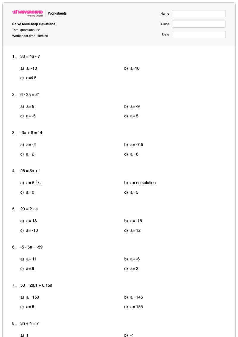 Solve Multi-Step Equations - พิมพ์ได้ สมการหลายขั้นตอน เวิร์กชีท - Wayground