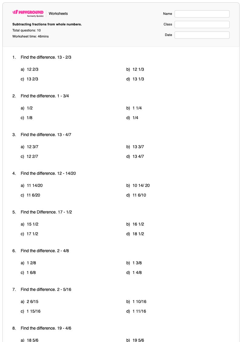 Subtracting fractions from whole numbers. - Printable Subtracting-fractions Worksheets - Wayground