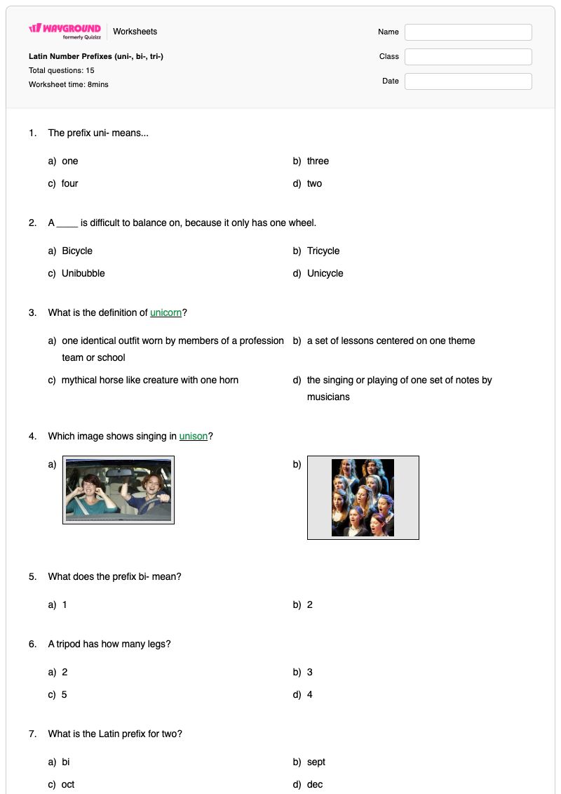 Latin Number Prefixes (uni-, bi-, tri-) - พิมพ์ได้ Number-tracing เวิร์กชีท - Wayground
