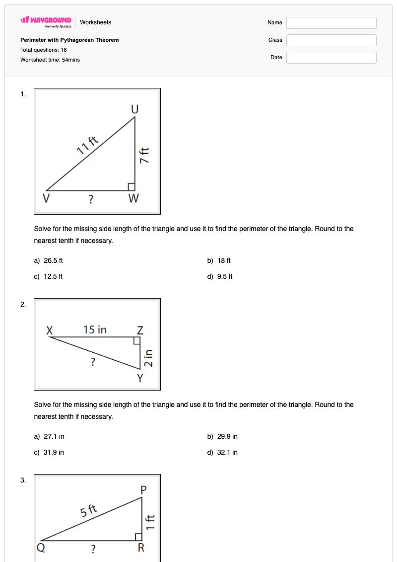 Perimeter with Pythagorean Theorem - Printable Perimeter Worksheets - Wayground