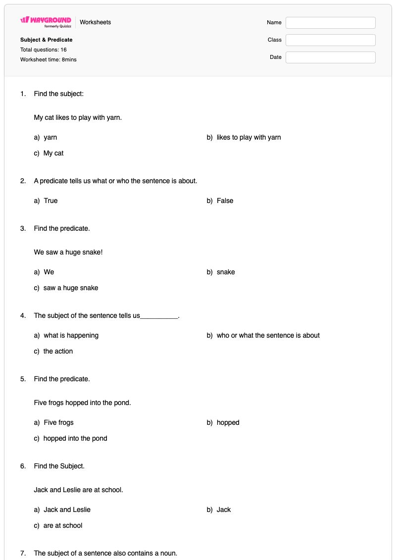Subject & Predicate - พิมพ์ได้ Subject-and-predicate เวิร์กชีท - Wayground