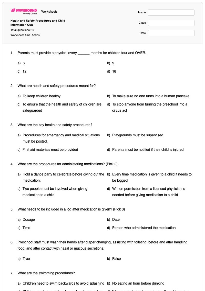 Health and Safety Procedures and Child Information Quiz - Printable Food Worksheets Kindergarten - Wayground