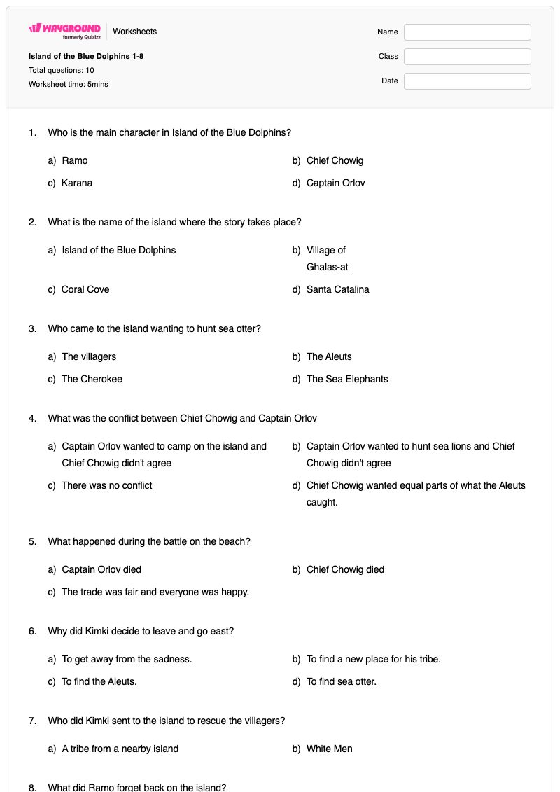 Island of the Blue Dolphins 1-8 - Printable Island-of-the-blue-dolphins Worksheets Class 4 - Wayground