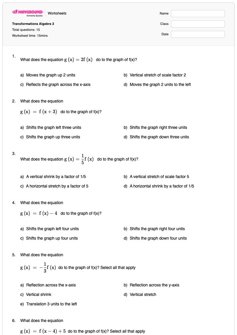 Transformations Algebra 2 - Printable Algebra-2 Worksheets - Wayground