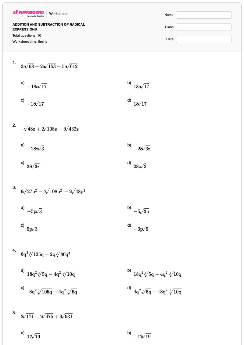ADDITION AND SUBTRACTION OF RADICAL EXPRESSIONS - พิมพ์ได้ Addition-and-subtraction เวิร์กชีท - Wayground