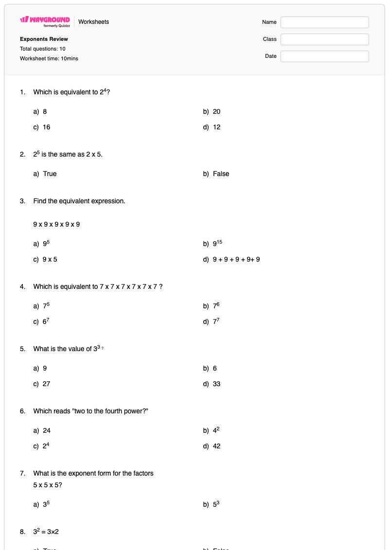 Exponents Review - Printable Power-to-a-power Worksheets - Wayground