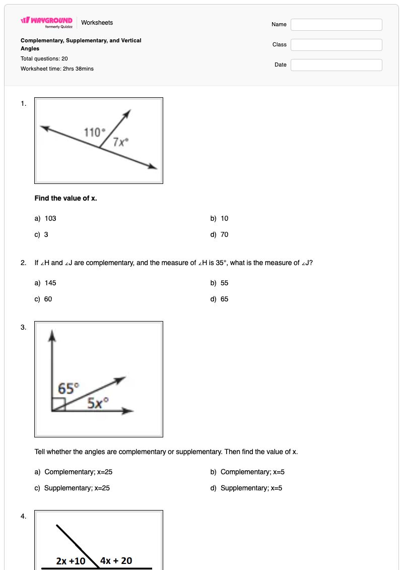 Complementary, Supplementary, and Vertical Angles - พิมพ์ได้ ความสัมพันธ์เชิงมุม เวิร์กชีท - Wayground