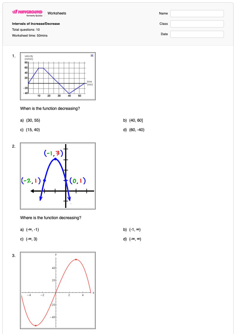 Intervals of Increase/Decrease - พิมพ์ได้ Intervals เวิร์กชีท - Wayground