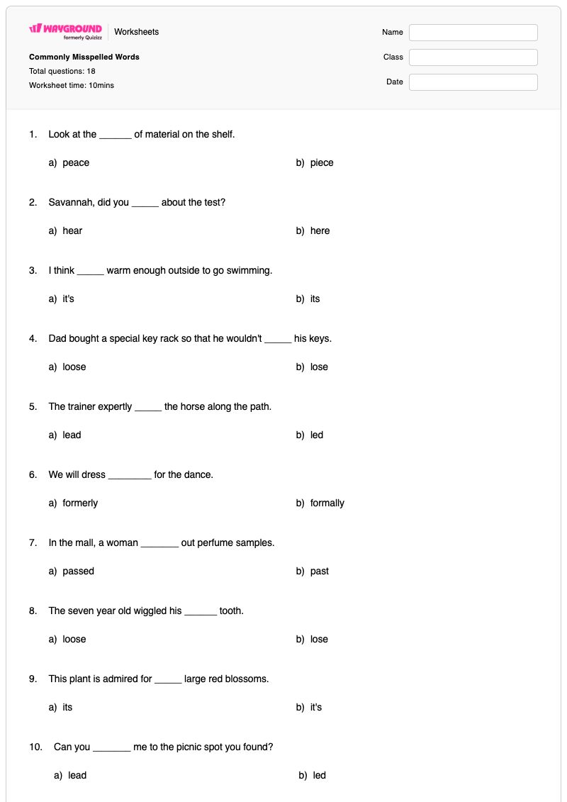 Commonly Misspelled Words - Printable Frequently-confused-words Worksheets Grade 7 - Wayground