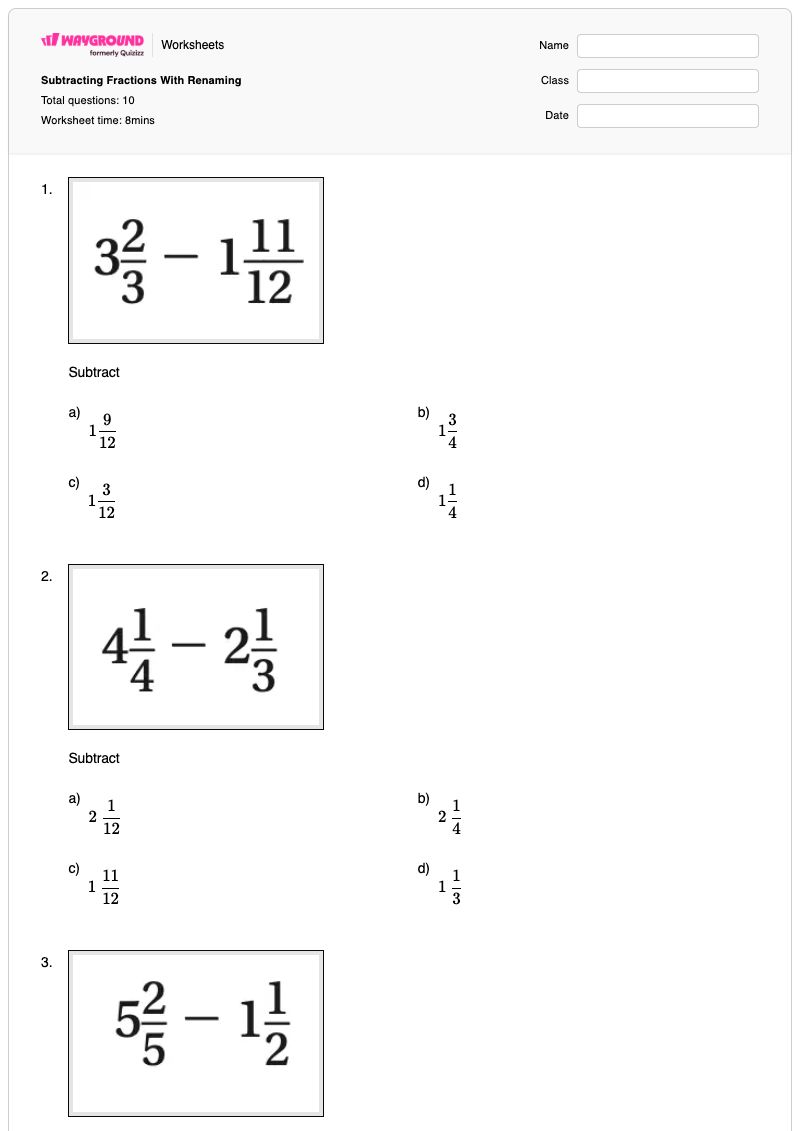 Subtracting Fractions With Renaming - พิมพ์ได้ การลบจำนวนคละ เวิร์กชีท - Wayground