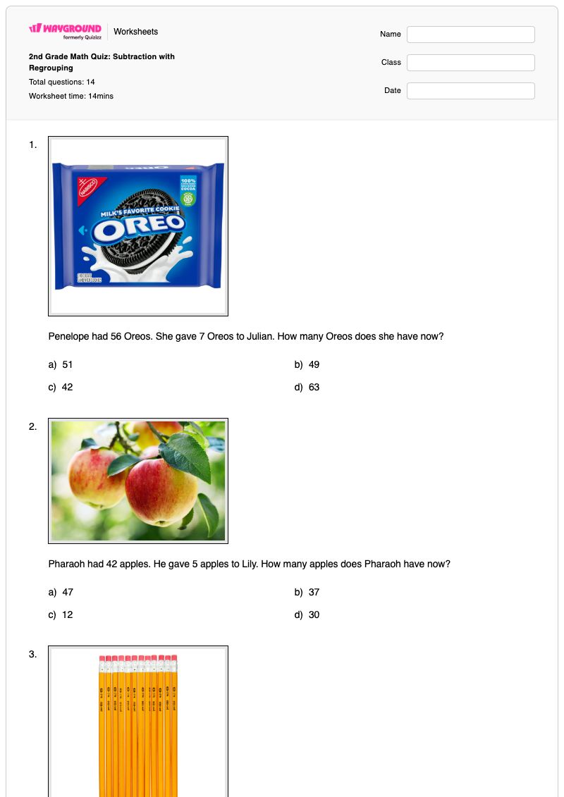 2nd Grade Math Quiz: Subtraction with Regrouping - พิมพ์ได้ Subtracting-with-zeros เวิร์กชีท ระดับ 2 - Wayground