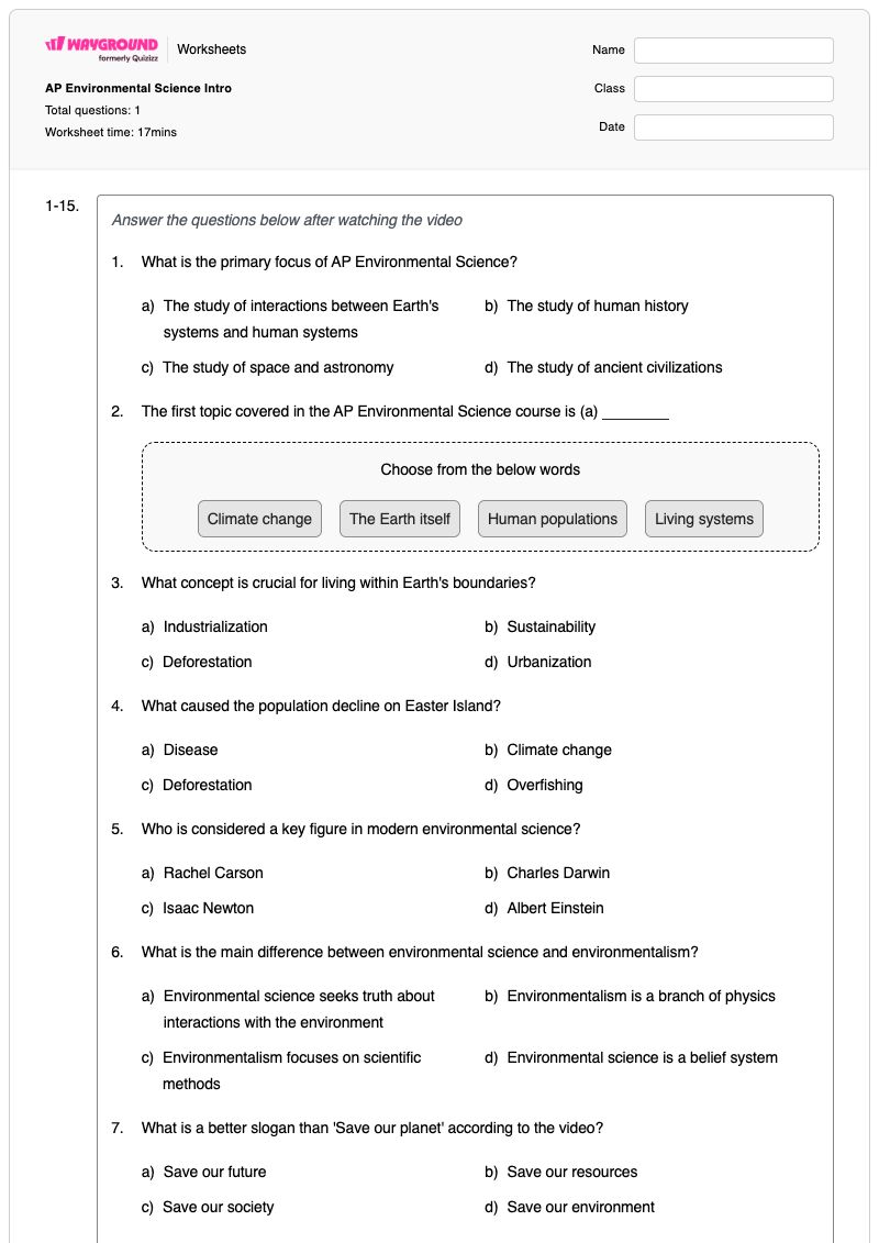 AP Environmental Science Intro - พิมพ์ได้ Engineering-&-science-practices เวิร์กชีท ระดับ 12 - Wayground