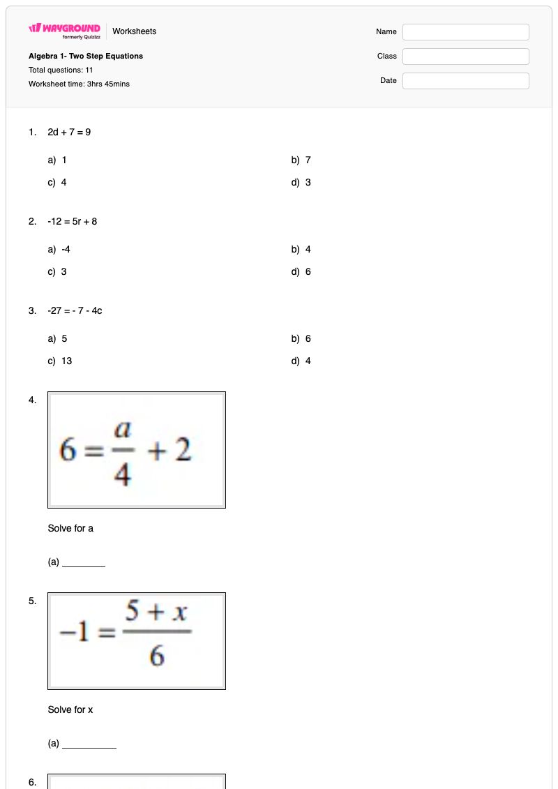Algebra 1- Two Step Equations - พิมพ์ได้ สมการสองขั้นตอน เวิร์กชีท - Wayground