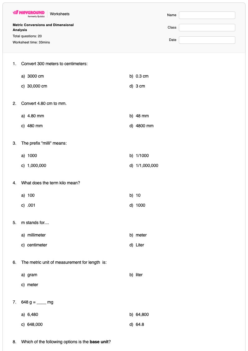 Metric Conversions and Dimensional Analysis - พิมพ์ได้ Dimensional-analysis เวิร์กชีท - Wayground