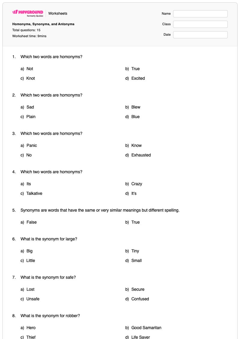 Homonyms, Synonyms, and Antonyms  - Nadający się do druku Homonimy Karty-pracy Klasa 5 - Wayground