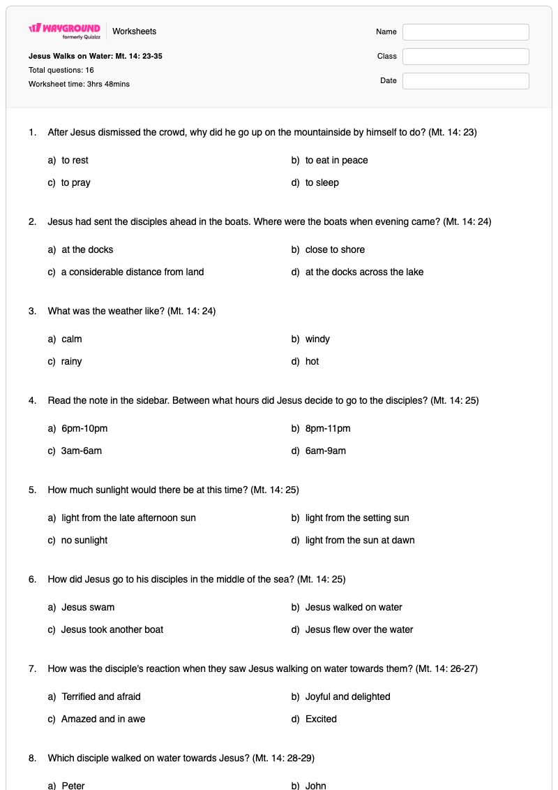 Jesus Walks on Water: Mt. 14: 23-35 - Printable Mindful-walking Worksheets Kindergarten - Wayground