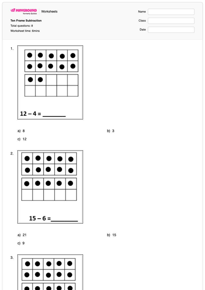 Ten Frame Subtraction - พิมพ์ได้ การลบและกรอบสิบช่อง เวิร์กชีท โรงเรียนอนุบาล - Wayground