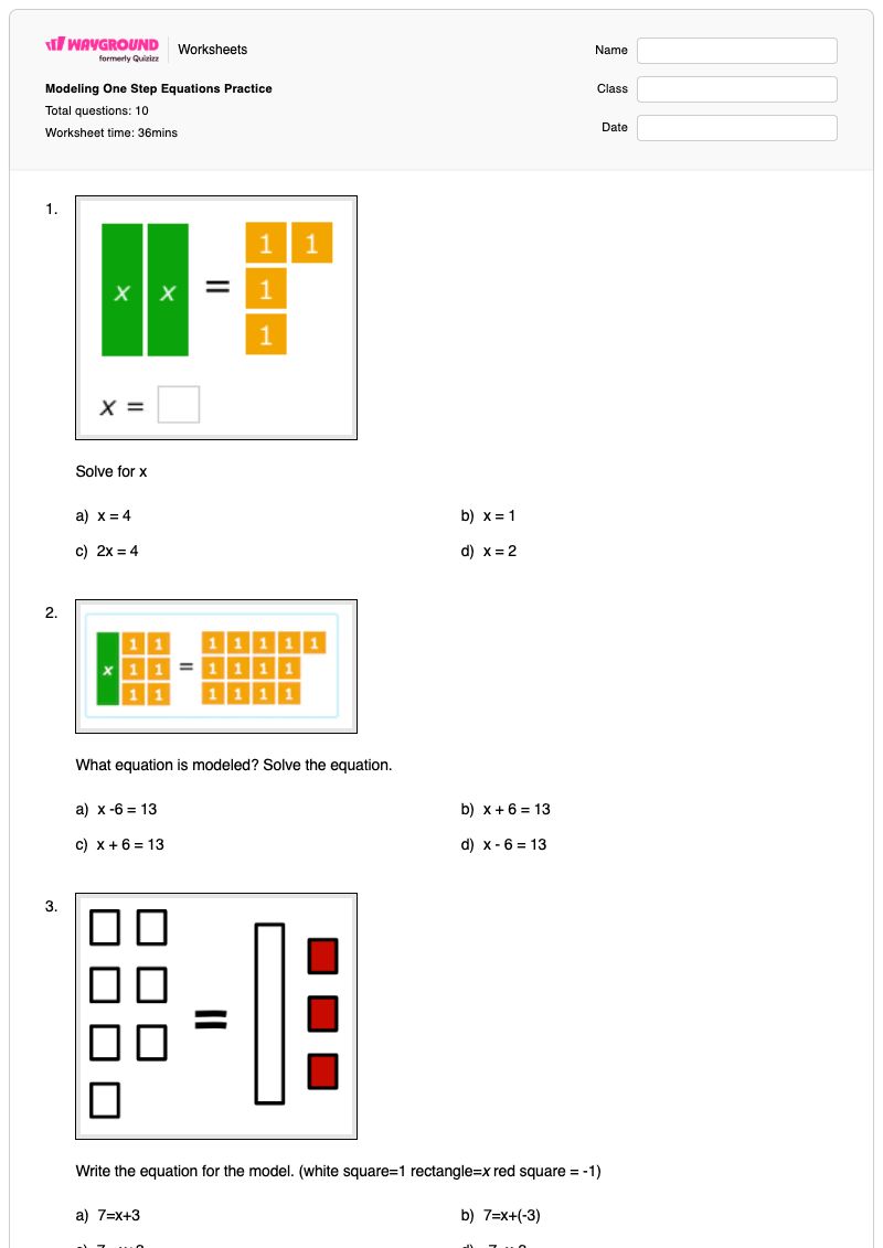 Modeling One Step Equations Practice - พิมพ์ได้ สมการขั้นตอนเดียว เวิร์กชีท - Wayground