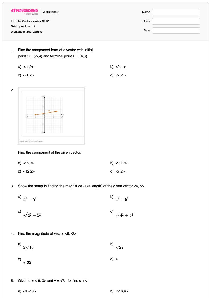 Intro to Vectors quick QUIZ - พิมพ์ได้ Addition-and-subtraction เวิร์กชีท - Wayground