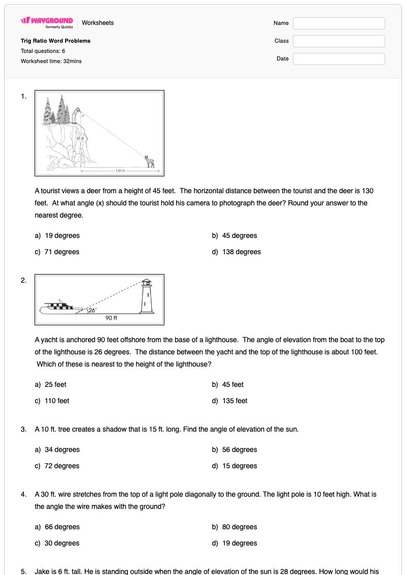Trig Ratio Word Problems - พิมพ์ได้ ปัญหาเกี่ยวกับอัตราส่วน เวิร์กชีท - Wayground