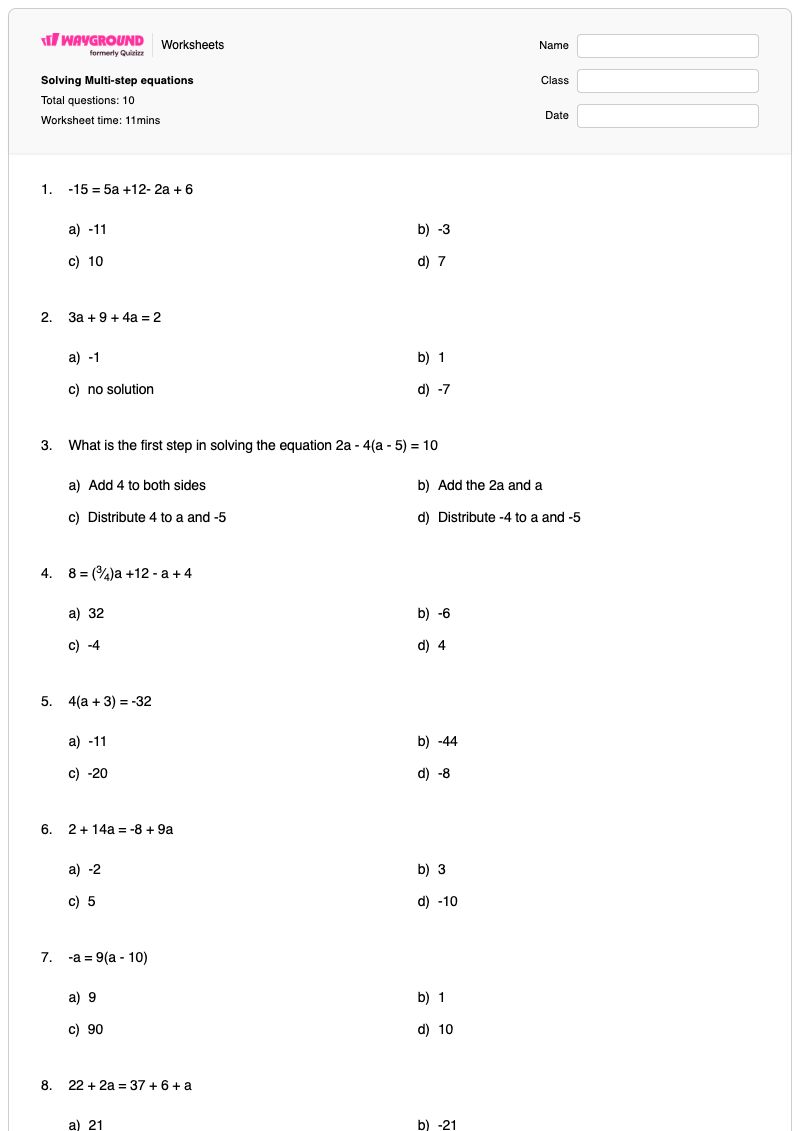 Solving Multi-step equations - พิมพ์ได้ สมการหลายขั้นตอน เวิร์กชีท - Wayground