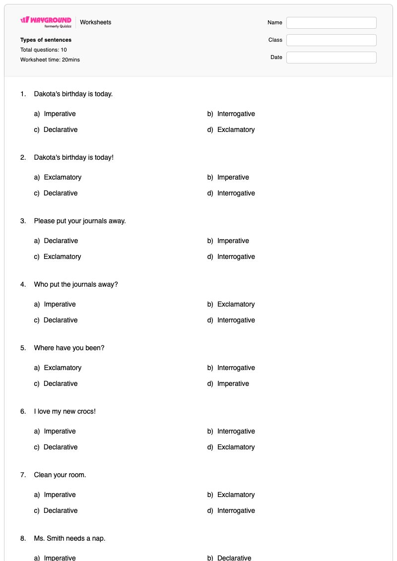 Types of sentences  - Printable Types-of-sentences Worksheets - Wayground