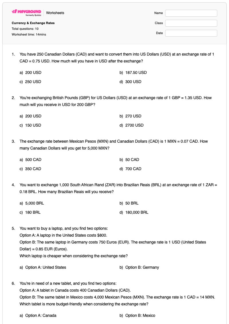 Currency & Exchange Rates - Printable Graphing-exchange-rates Worksheets Class 12 - Wayground