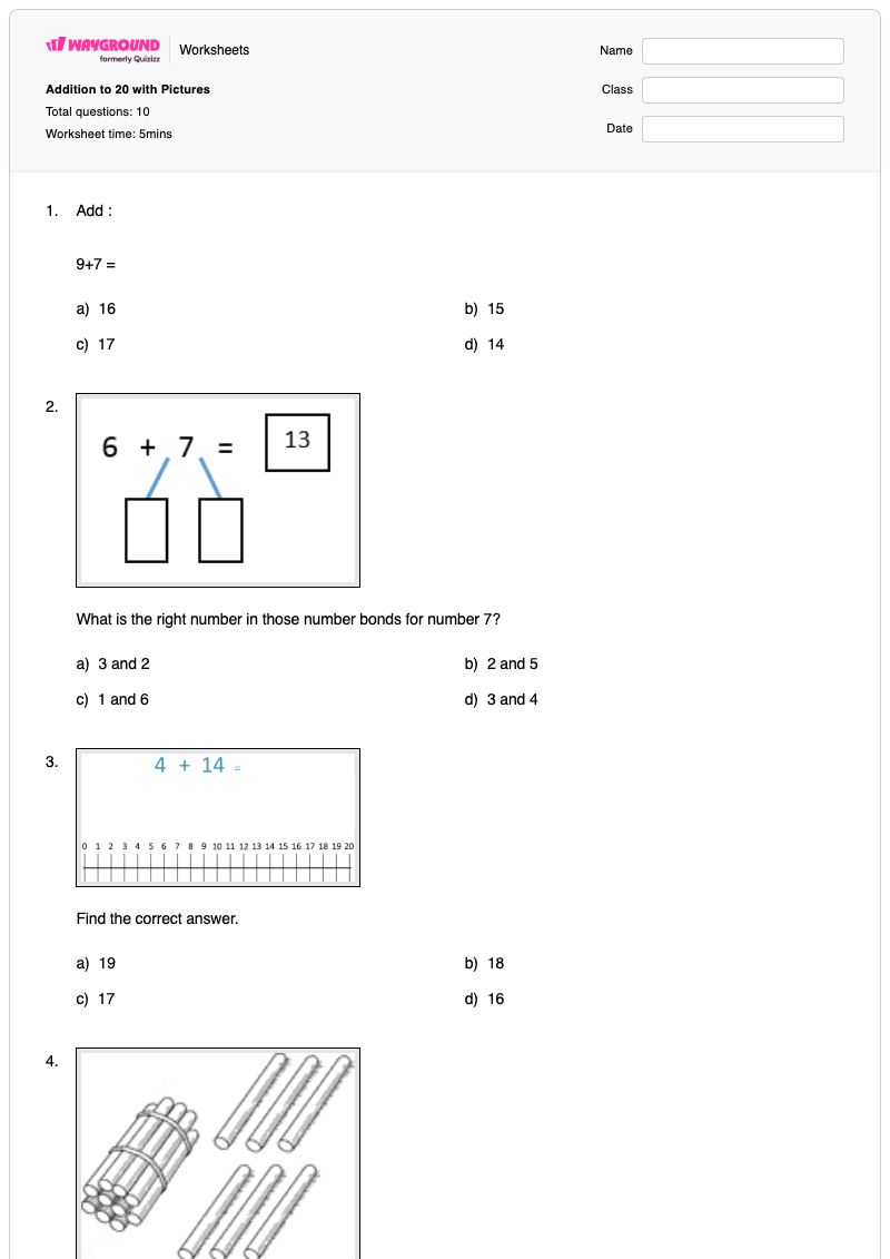 Addition to 20 with Pictures - Printable Addition Worksheets - Wayground