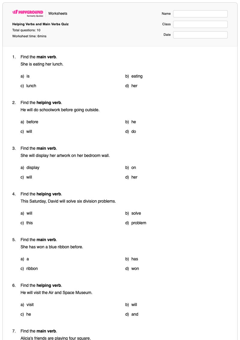 Helping Verbs and Main Verbs Quiz - พิมพ์ได้ กริยาช่วย เวิร์กชีท ระดับ 5 - Wayground