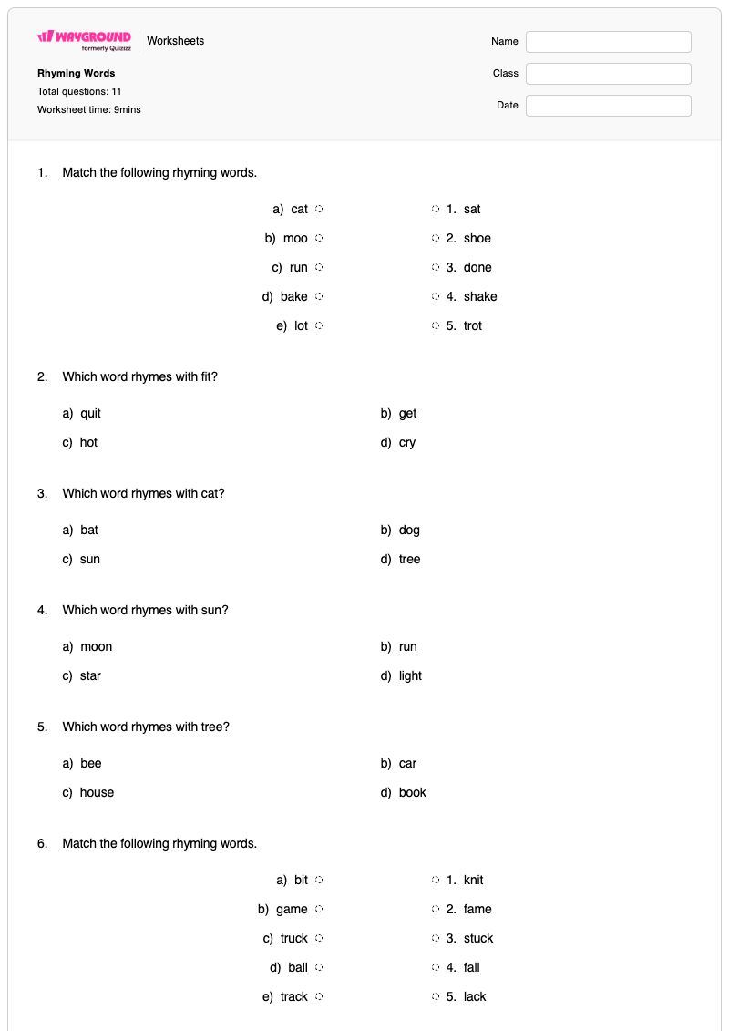 Rhyming Words - Printable Rhyming-words Worksheets Kindergarten - Wayground