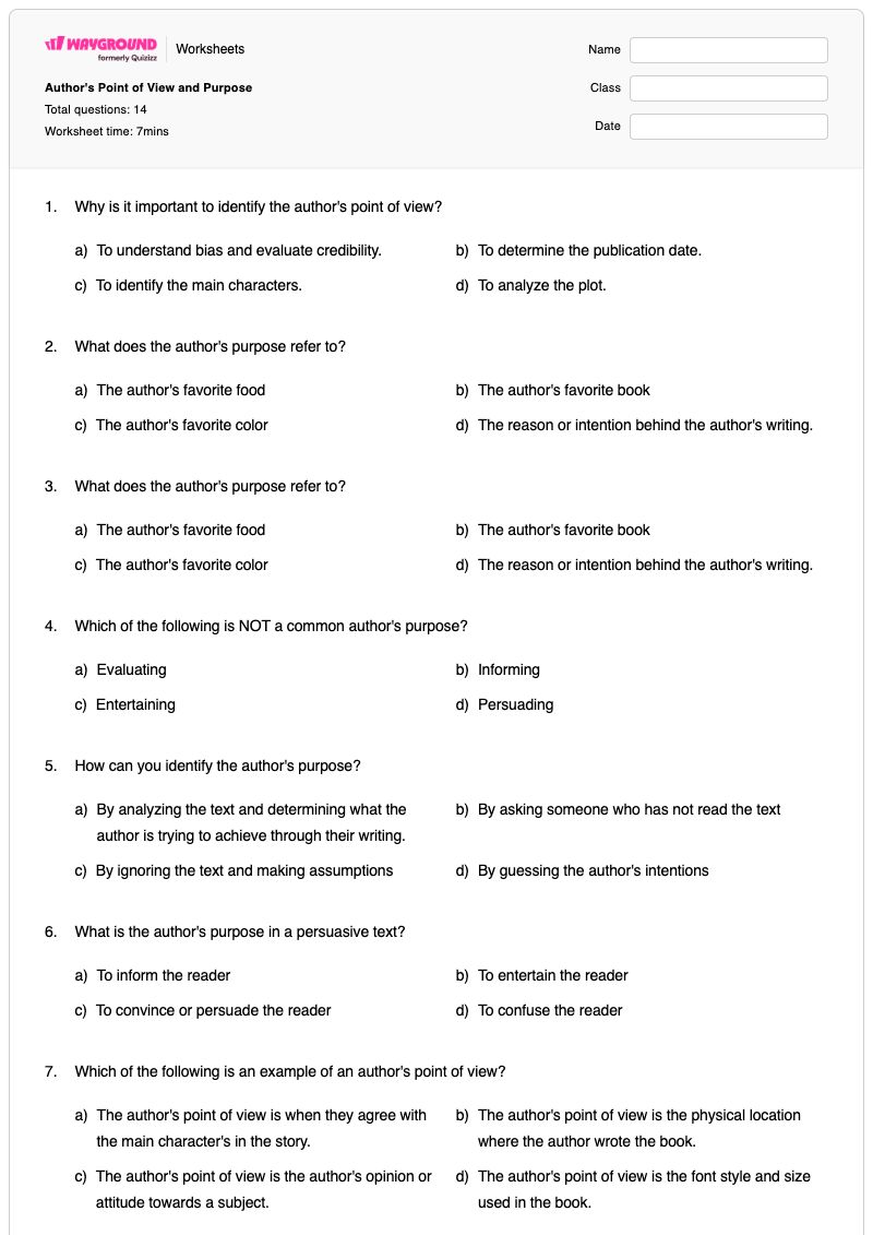 Author's Point of View and Purpose - Printable Author-s-point-of-view Worksheets Class 8 - Wayground