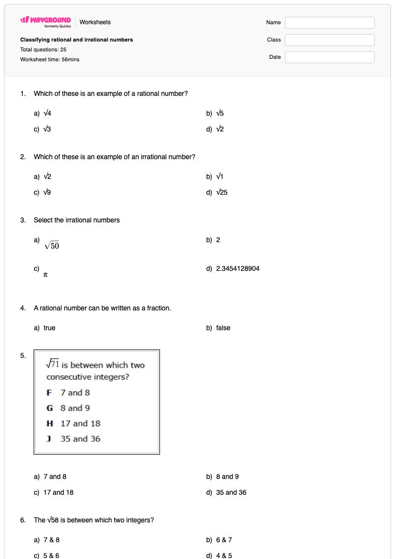 Classifying rational and irrational numbers - พิมพ์ได้ การจำแนกประเภทจำนวนตรรกยะ เวิร์กชีท - Wayground