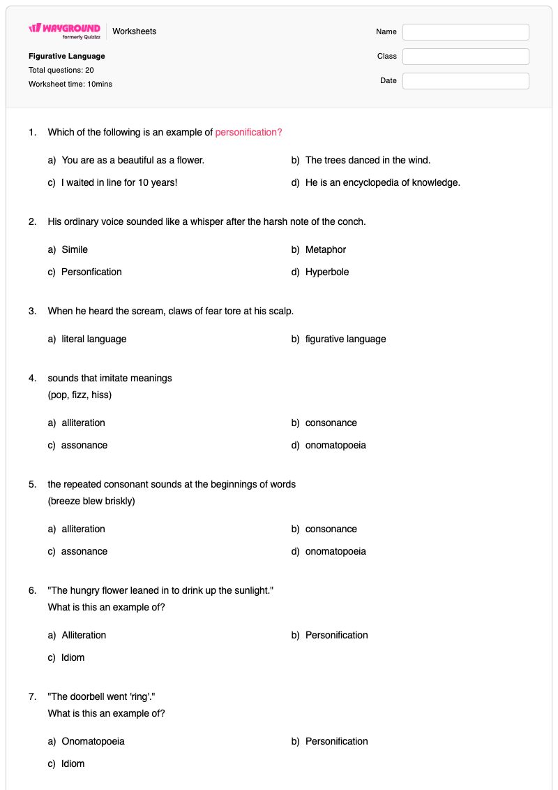Figurative Language - พิมพ์ได้ ภาษาเปรียบเทียบ เวิร์กชีท - Wayground
