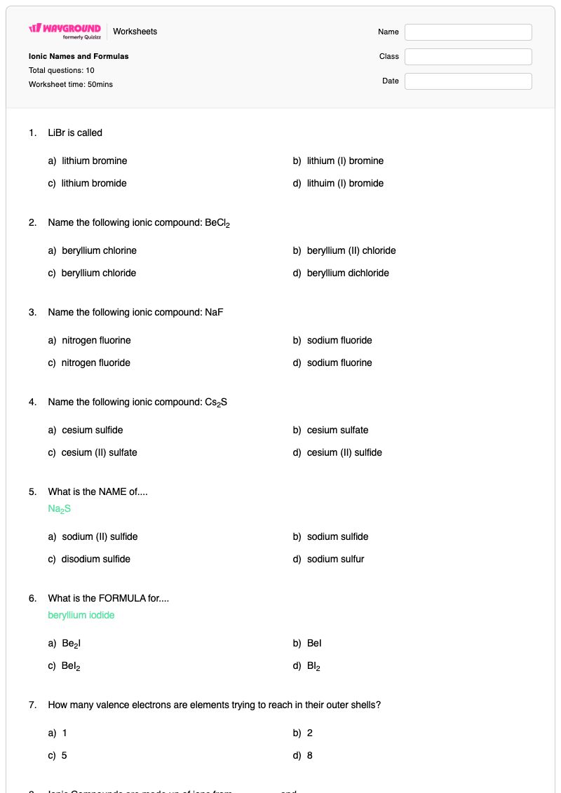 Ionic Names and Formulas - พิมพ์ได้ Ionic-formulas เวิร์กชีท - Wayground
