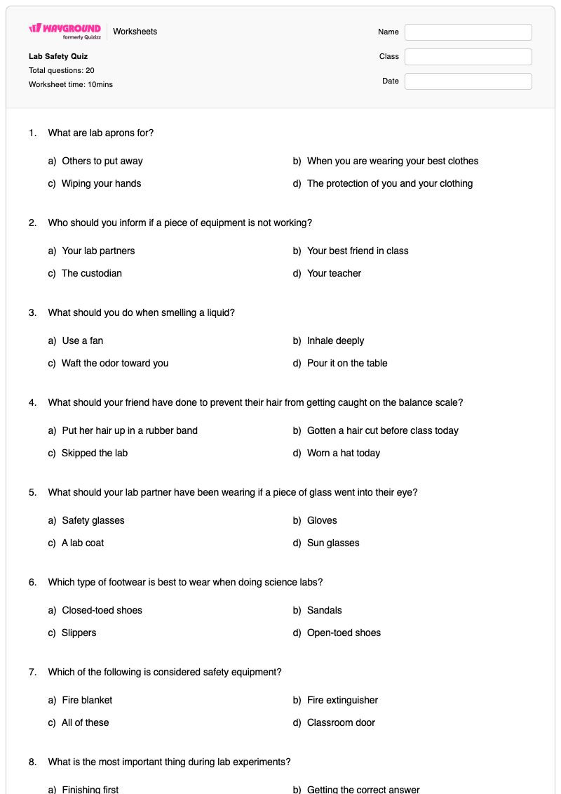 Lab Safety Quiz - พิมพ์ได้ ปฏิบัติการในห้องทดลอง เวิร์กชีท ระดับ 6 - Wayground