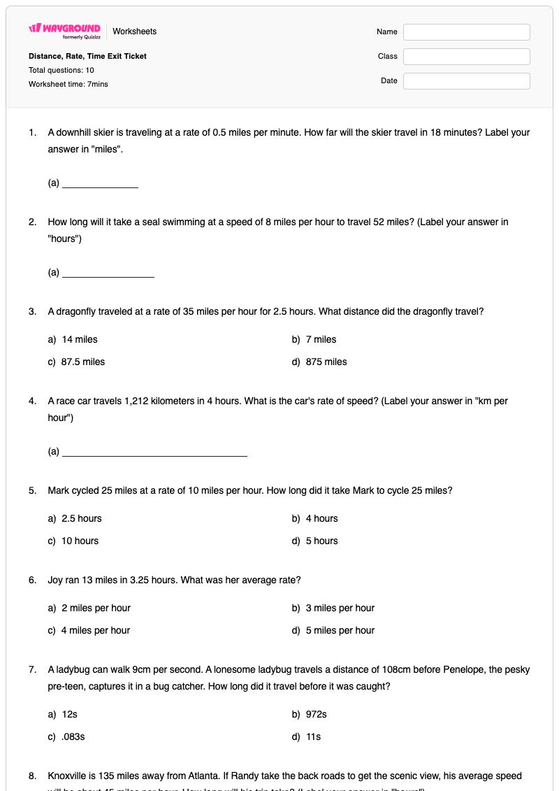 Distance, Rate, Time Exit Ticket - Printable Distance,-rate,-and-time Worksheets Class 6 - Wayground