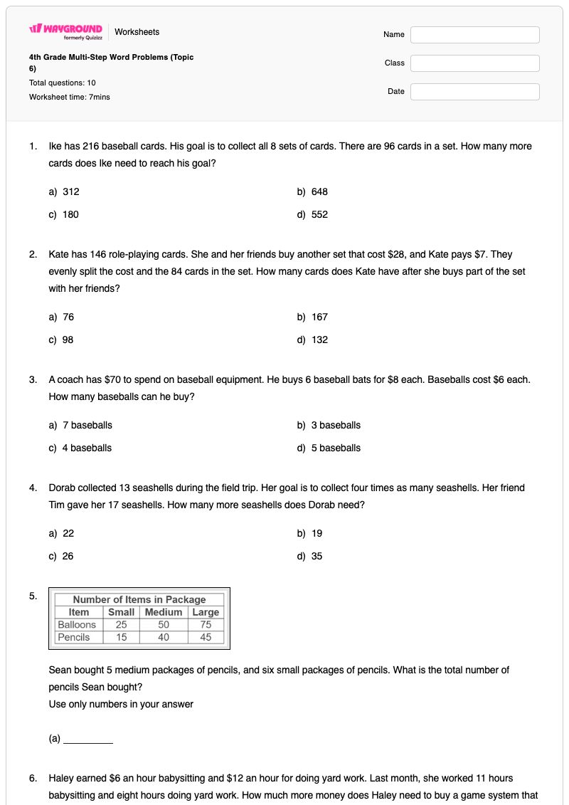 4th Grade Multi-Step Word Problems (Topic 6) - พิมพ์ได้ เบี้ยเลี้ยง เวิร์กชีท ระดับ 2 - Wayground