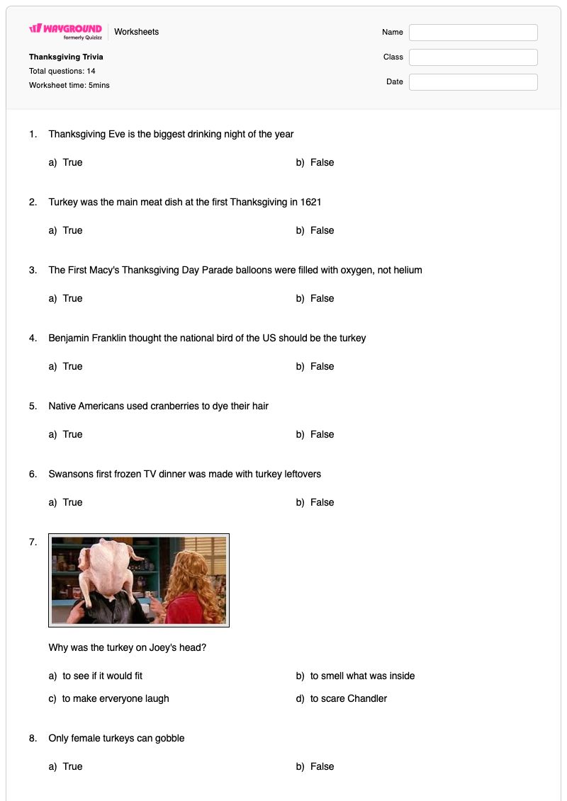 Thanksgiving Trivia - Printable Thanksgiving Worksheets Kindergarten - Wayground