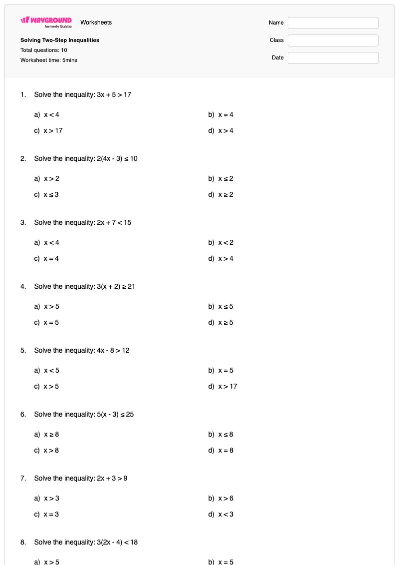 Solving Two-Step Inequalities - Printable Two-step-inequalities Worksheets Year 8 - Wayground