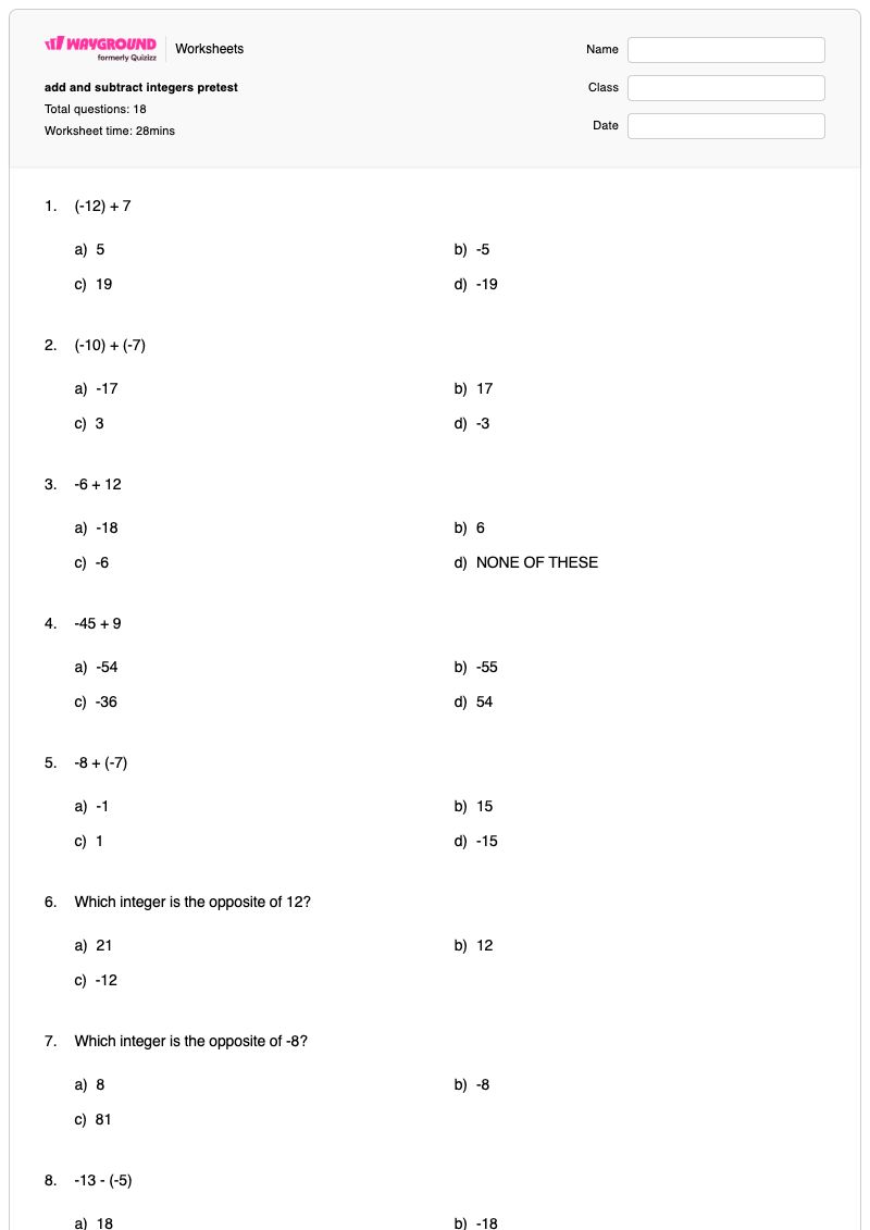 add and subtract integers pretest - พิมพ์ได้ Addition-and-subtraction เวิร์กชีท - Wayground