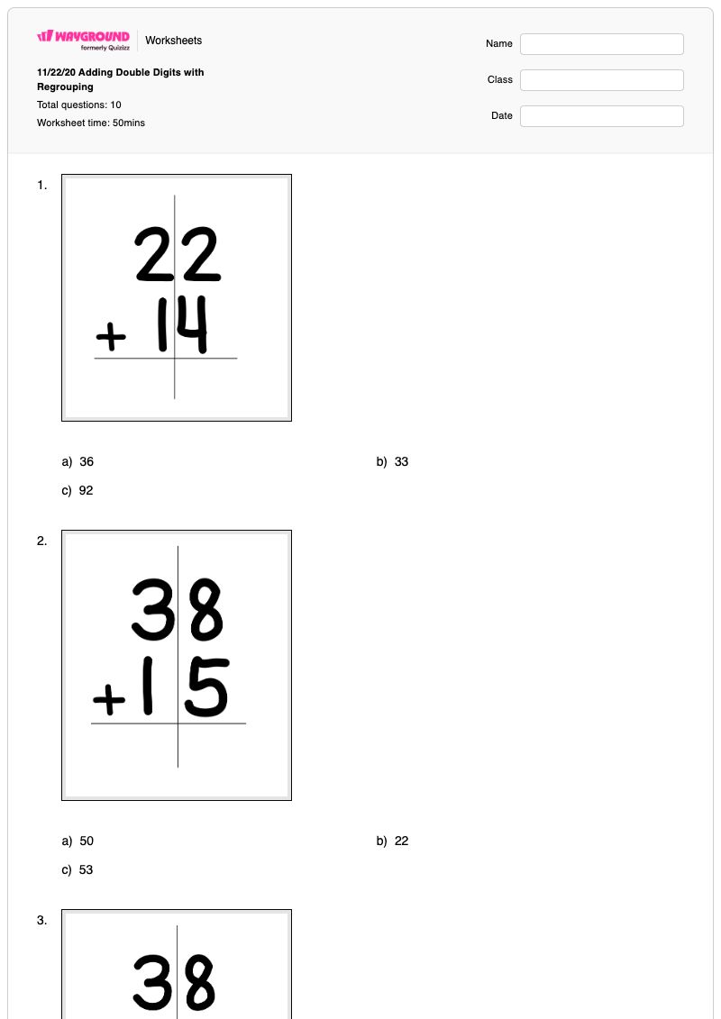 11/22/20 Adding Double Digits with Regrouping - Printable Addition Worksheets - Wayground
