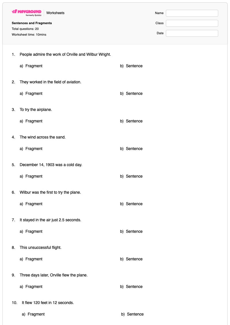 Sentences and Fragments - Printable Sentences-and-fragments Worksheets Class 6 - Wayground