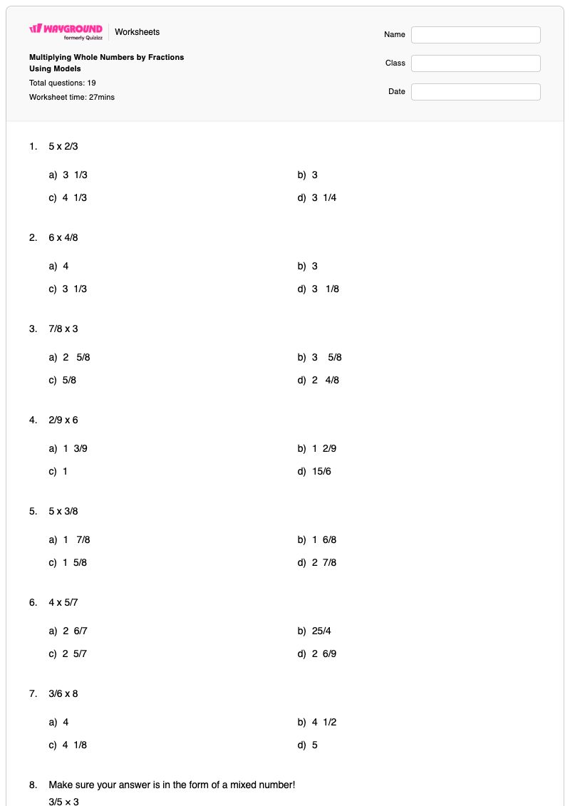 Multiplying Whole Numbers by Fractions Using Models - พิมพ์ได้ แบบจำลองเศษส่วน เวิร์กชีท - Wayground