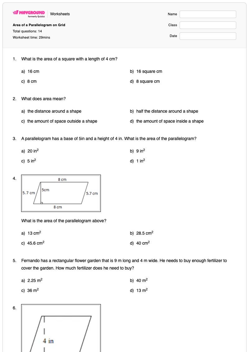 Area of a Parallelogram on Grid - Printable Area-of-a-parallelogram Worksheets - Wayground