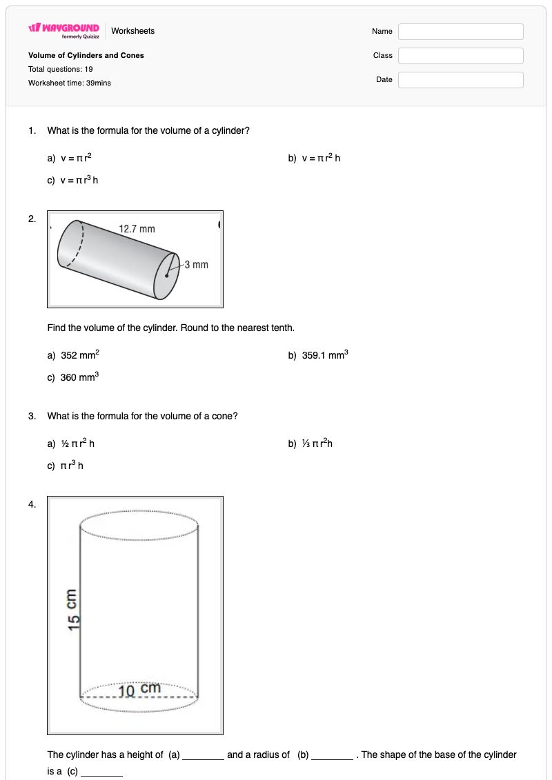 Volume of Cylinders and Cones - พิมพ์ได้ Binary-code เวิร์กชีท ระดับ 7 - Wayground