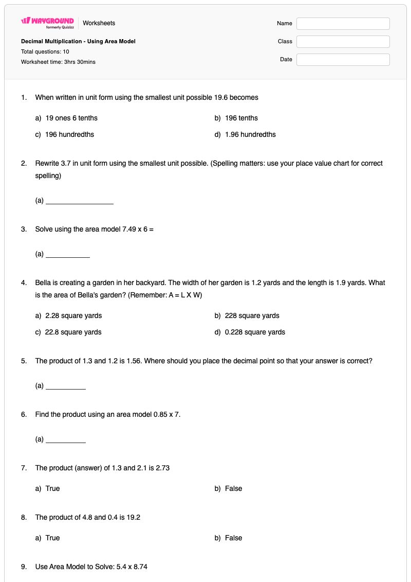 Decimal Multiplication - Using Area Model - พิมพ์ได้ แบบจำลองการคูณและพื้นที่ เวิร์กชีท - Wayground