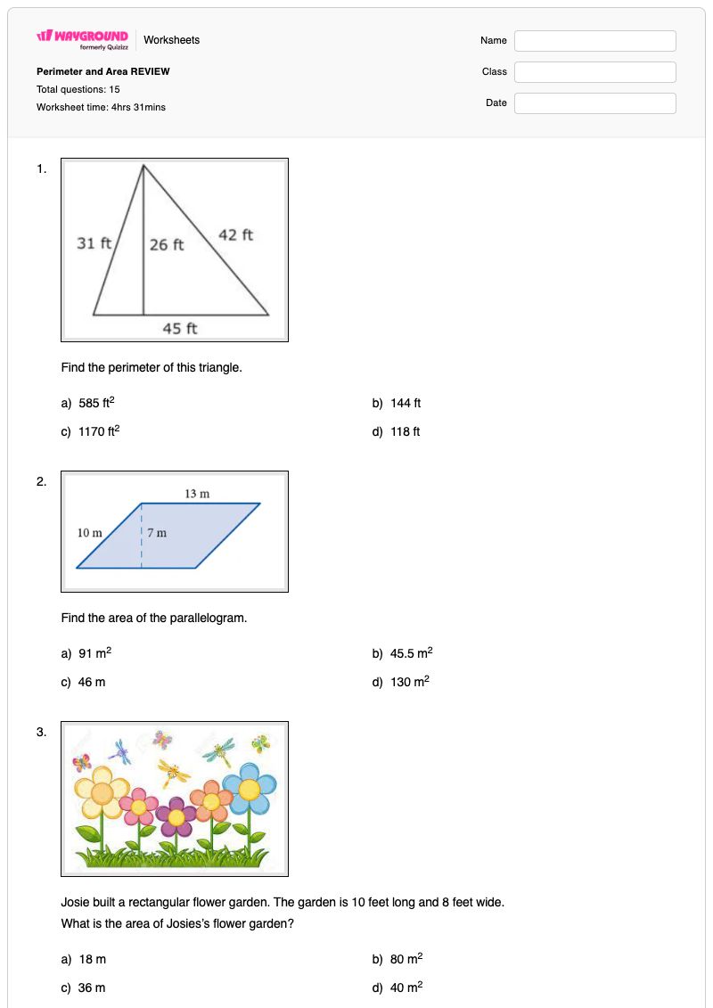 Perimeter and Area REVIEW - พิมพ์ได้ พื้นที่และปริมณฑล เวิร์กชีท - Wayground