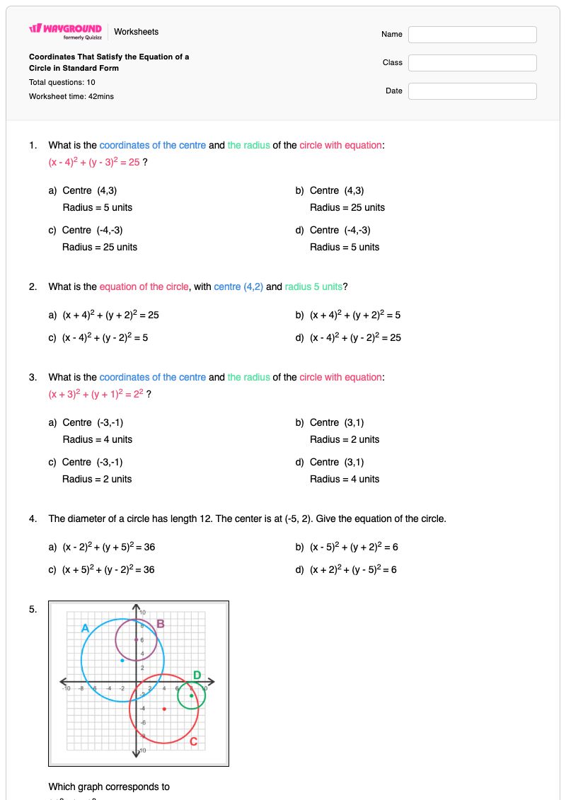 Coordinates That Satisfy the Equation of a Circle in Standard Form - Printable Equation-of-a-circle Worksheets - Wayground